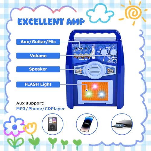 iMeshbean Guitar and Microphone Play Set for Kids,Adjustable Height Microphone with Stand,Electric Guitar Microphone Amplifier Set Karaoke Musical Instruments for Kids Girls Boys (Bule)