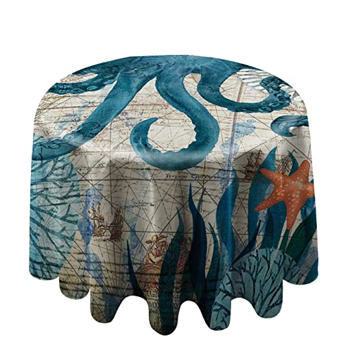 Mantel redondo de 152 cm, diseño de pulpo de vida marina vintage océano mar circular mantel de poliéster lavable para fiestas de vacaciones Cover