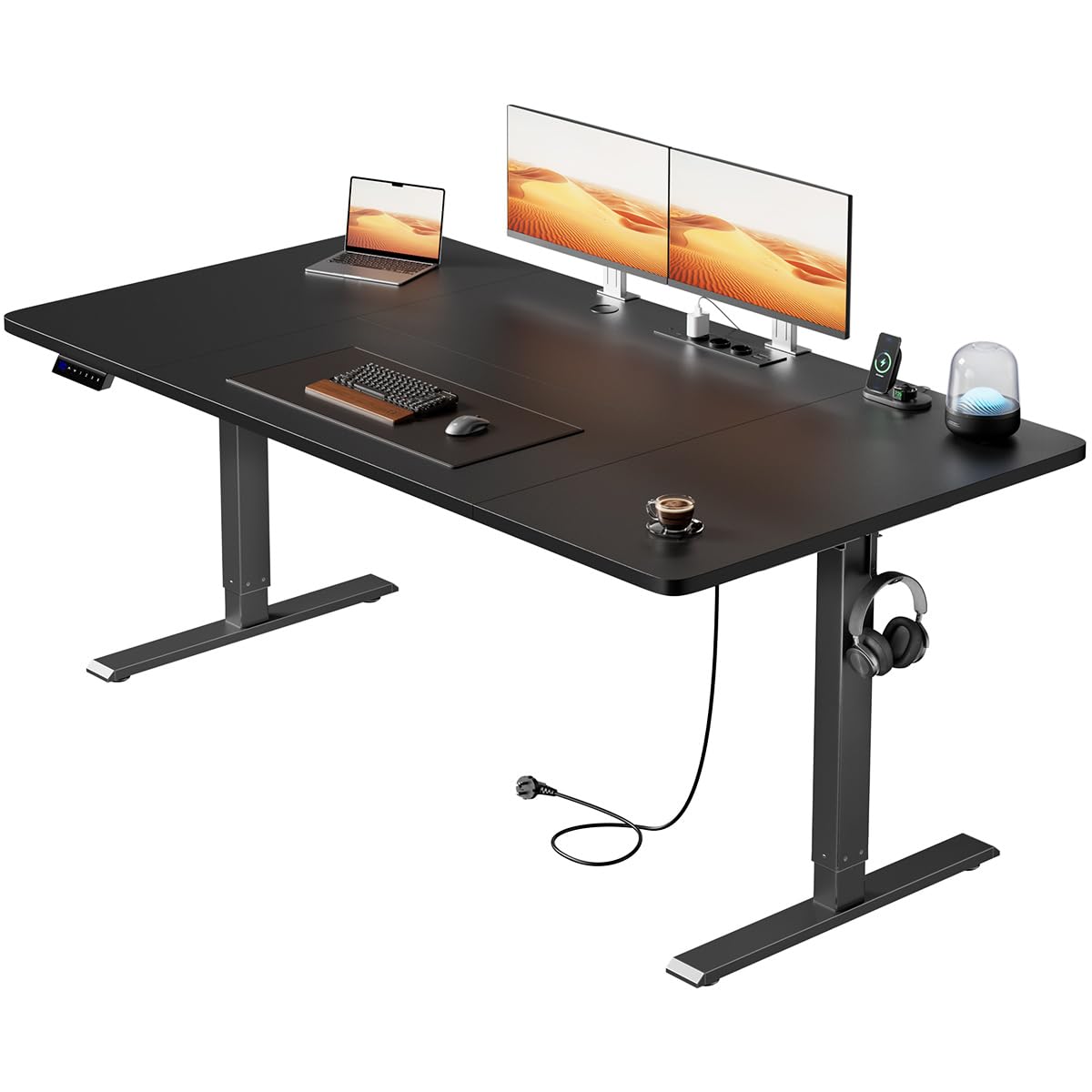 HLFURNIEU Escritorio Elevable Electrico, 160 x 80 cm, Mesa Regulable en Altura, con Enchufes, Puertos USB, 3 Control de Memoria, Negro