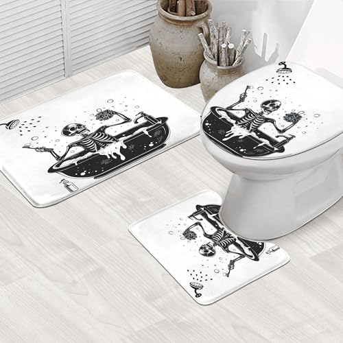 Image of 4PCS Funny Skull Skeleton Halloween 71Wx71H Inches Gothic Black White Shower Curtain Sets with Rugs, Toilet Lid Cover and Bath Mat, Spooky Bath Accessories Art Home Decor Fabric 12 Pack Hooks