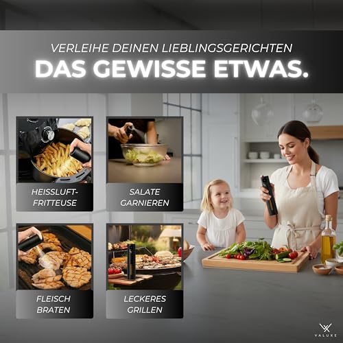 VALUXE® Ölsprüher für Speiseöl & Essig mit UV-Edelstahlmantel & Sprühfilter - Edelstahl Öl-Sprühflasche - Präziser Essig & Olivenöl Sprüher, Öl-Zerstäuber, Oil-Sprayer schwarz 5