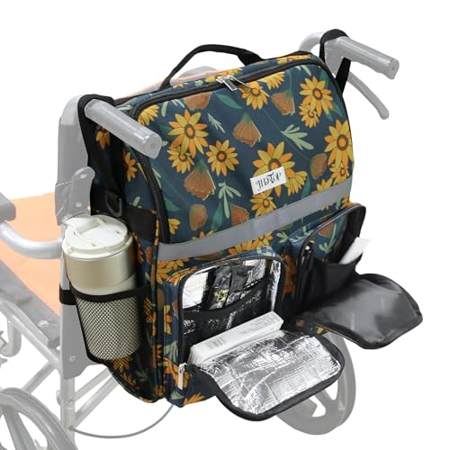 Wheelchair Bag for Adults & Seniors, Floral Waterproof Storage Bag with Reflective Strips, 12 Pockets & Cup Holders, Hanging on Tubular Handles, Travel Carry On Friendly (Sunflower)