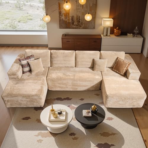 Image of HOOOWOOO Cloud Sectional Couches for Living Room,Modular Sectional Sofa No Assembly,132X62 Inch Plush Corduroy Large U Shaped Floor Couch Set with Deep Seat Double Chaise(Beige)