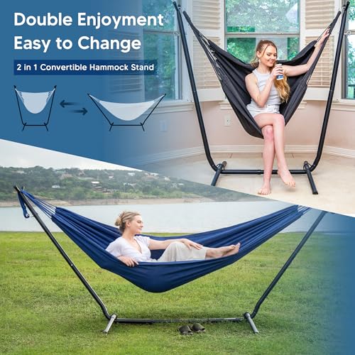 Image of SUNCREAT 2-in-1 Convertible Backyard Fabric Hammock with Stand, Dark Blue