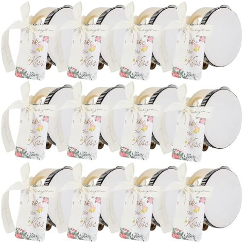 30 Pcs 4 Inch Adult Wedding Tambourines Drum Wooden Handheld Tambourine with Jingles Shake for a Kiss Gift Tags I Love You Printed Ribbon Musical Instruments Percussion for Church Wedding Party
