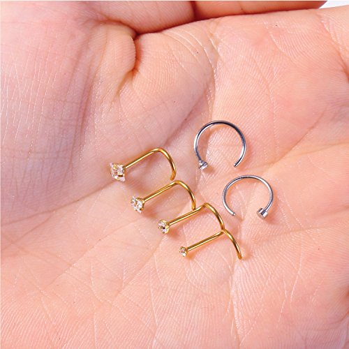 Bodyj4You 6Pc Nose Screw Stud Hoop Ring 20G Goldtone Steel Cz Nostril Girl Women Piercing Jewelry #TOP1