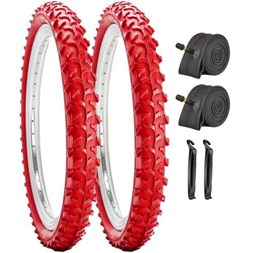 SIMEIQI 18X2.125 26X2.125 Color Mountain Bike Tires and Tubes with 32mm AV Inner Tubes(Red 18x2.125)
