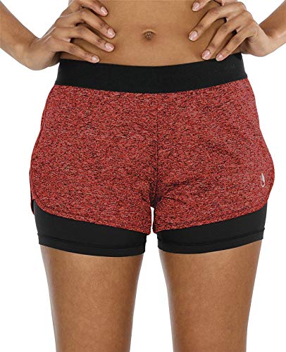 icyzone Running Yoga Shorts for Women - Activewear Workout Exercise Athletic Jogging Shorts 2-in-1 (Red Bud, M)