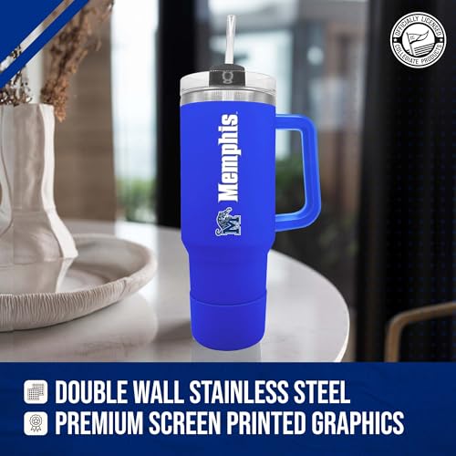 Image of Campus Colors College & University 40 oz Travel Tumbler With Handle - Dual Option Lid With Straw - Vacuum Insulated Stainless Steel (Memphis Tigers - Royal)