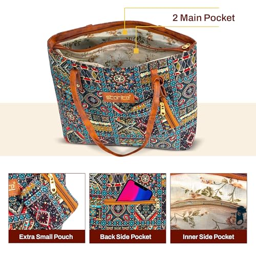 Image of Storite Women's Tote Bag With Leather Handles & Embroidery Printed Handbag With Zip Pockets, Shoulder Tote Bag And Handbag For Office And College (40X32X7.5Cm)
