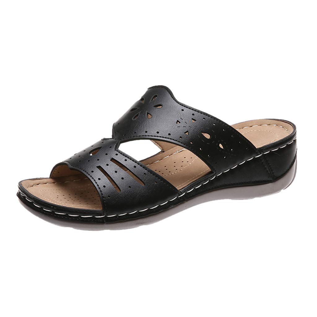 HAALIFE◕‿Women Slides Sandal Vintage Leather Wedge Slides Comfortable Open Toe Crisscross Straps Slip on Sandals
