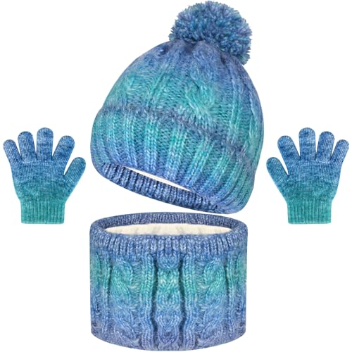 Kids Winter Hat Scarf Gloves Set, Kids Beanie Hat Neck Scarf Mittens with Thick Warm Fleece for Boy Girl 3-10 Years Old