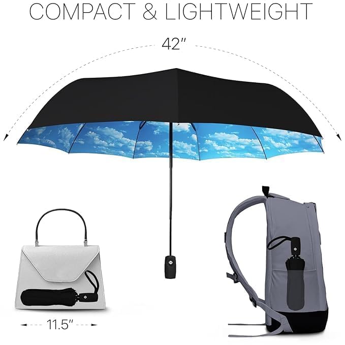Cloudsell Umbrella for Rain, Windproof Small Umbrellas with UV Protection, Autometic 3 Foldable Travel Umbrella for Men, Women, Kids, Girls (Sky) 3