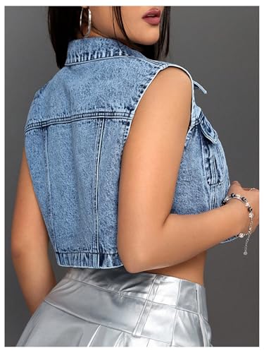 WDIRARA Women's Button Down Cropped Denim Vest Sleeveless Jean Jacket3