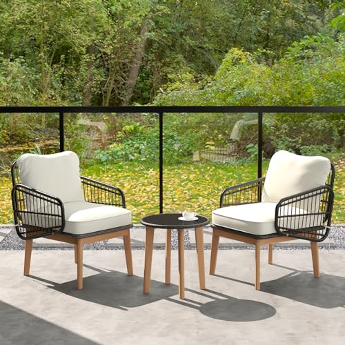 GIANTEX 3 TLG. Gartenmöbel Set, Balkon Terrassenmöbel Polyrattan, Balkontisch Bistrotisch mit Glasplatte, Balkon Möbel Loungemöbel 2 Korbstühlen inkl. Kissen, Balkonset Garten Sitzgruppe Sitzgarnitur – Bild 3