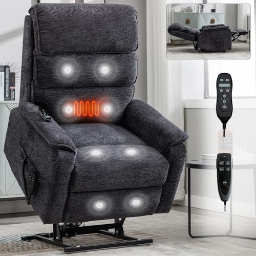 Kangmusi Grey Chenille Dual Motor Infinite Position Up to 350 LBS Power Lift Recliner Chair with Power-Remote, Heat Massage and Heavy Duty Motion Mechanism