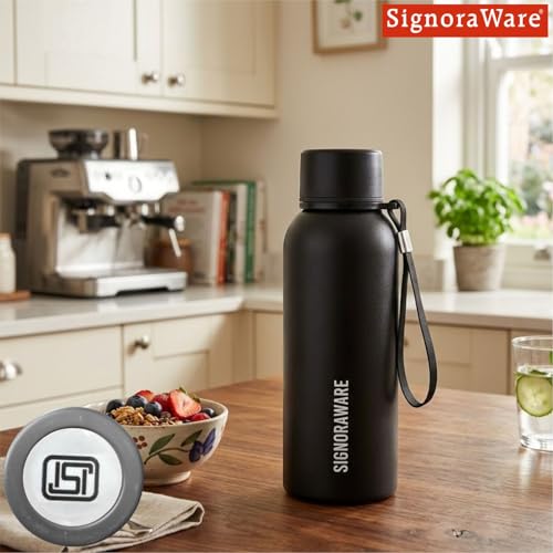 Image of SignoraWare Parkour Vacuum ISI Certified Stainless Steel Bottle With Hanging Strip | Airtight & Leakproof | Easy To Clean | Lightweight | Ideal for School, Office, Gym Or Outdoors (500ml | Black)