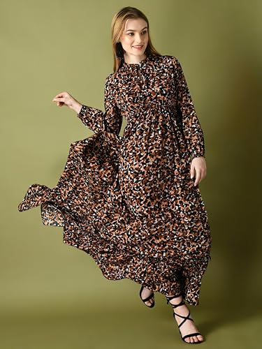 Image of KZULLY | Floral Printed Maxi Dresses for Women | Long Sleeve Beautiful Floral Patterns | Stylish and Elegant Dress | Tie Neck