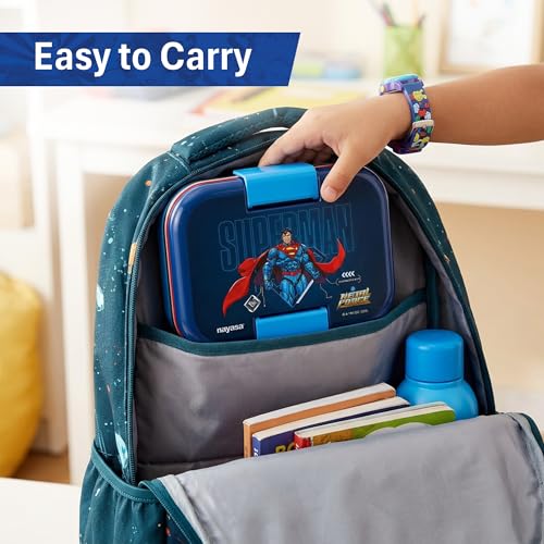 Image of Nayasa Marco Super Man Print 2 Compartment Stainless Steel Insulated Lunch Box for Kids | Vacuum Sealed Leak Proof Tiffin Box | 650 ml | Blue & Dark Blue