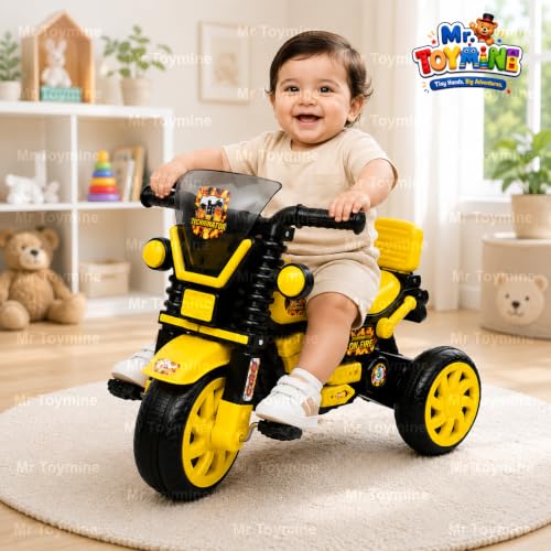 Image of Terminator Bike Pedal Tricycle for Kids Toddler Trike Headlight, Music, Curved Seat and Backrest Push Along Pedal Trike for 2 Years to 4 Years | Yellow | TOYMINE