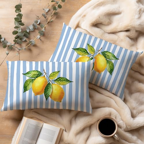 Image of Summer Blue and Yellow Italian Mediterranean Amalfi Coast Lemon Pillow Cover Decor 12x20,Italian Striped Decorative Throw Pillow Cover Decor for Couch Double-Sided Set of 2
