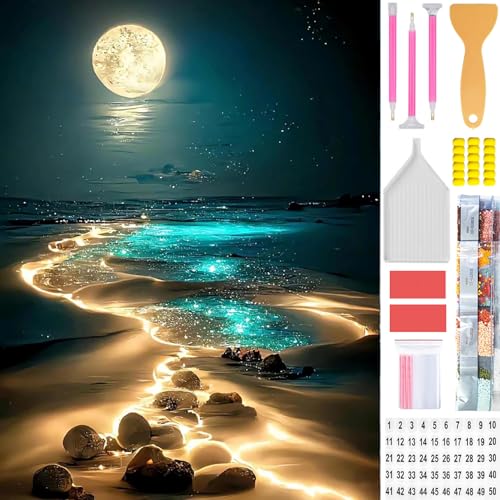 Amyaker ダイヤモンドアート キット 四角いビーズ 全面 ダイアモンドビーズ絵画キット 日本語キャンバス DIY 手作り絵画 手芸キット モザイクアート 5D モザイクアート ダイヤモンド塗装 全面貼り付けタイプ 30x40cm 海辺の月景