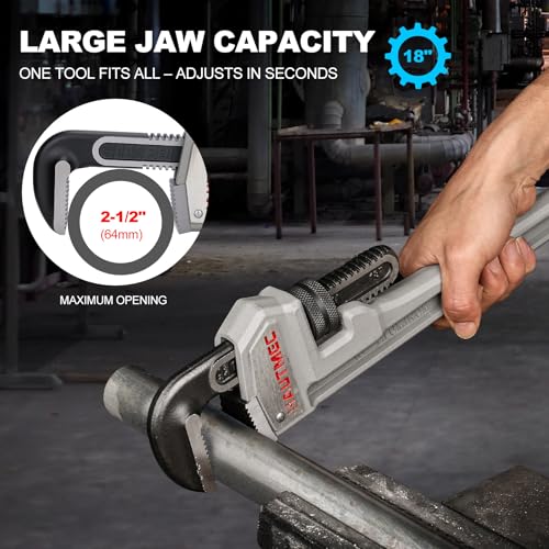 Image of HAUTMEC 18 Inch Aluminum Straight Pipe Wrench,Heavy Duty Adjustable Plumbing Wrench, 2-1 /2 inch Jaw Capacity,for Pipes, Tees, Ball Valves and Other Objects HT0186-PW