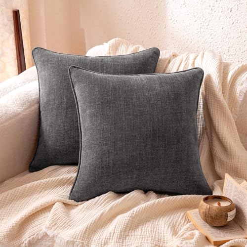Amazon Basics Faux Linen Throw Pillow Covers with Hidden Zipper Closure, 16 × 16in, Dark Gray, Pack of 2