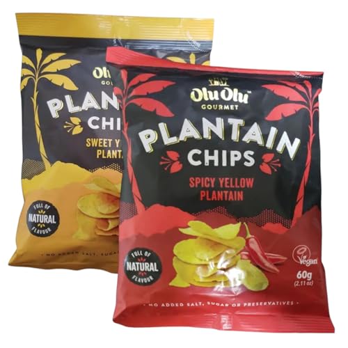 Olu Olu Plantain Chips Mixed Box of Yellow and Red Plantain Chips (Pack of 24-12 Red and 12 Yellow)