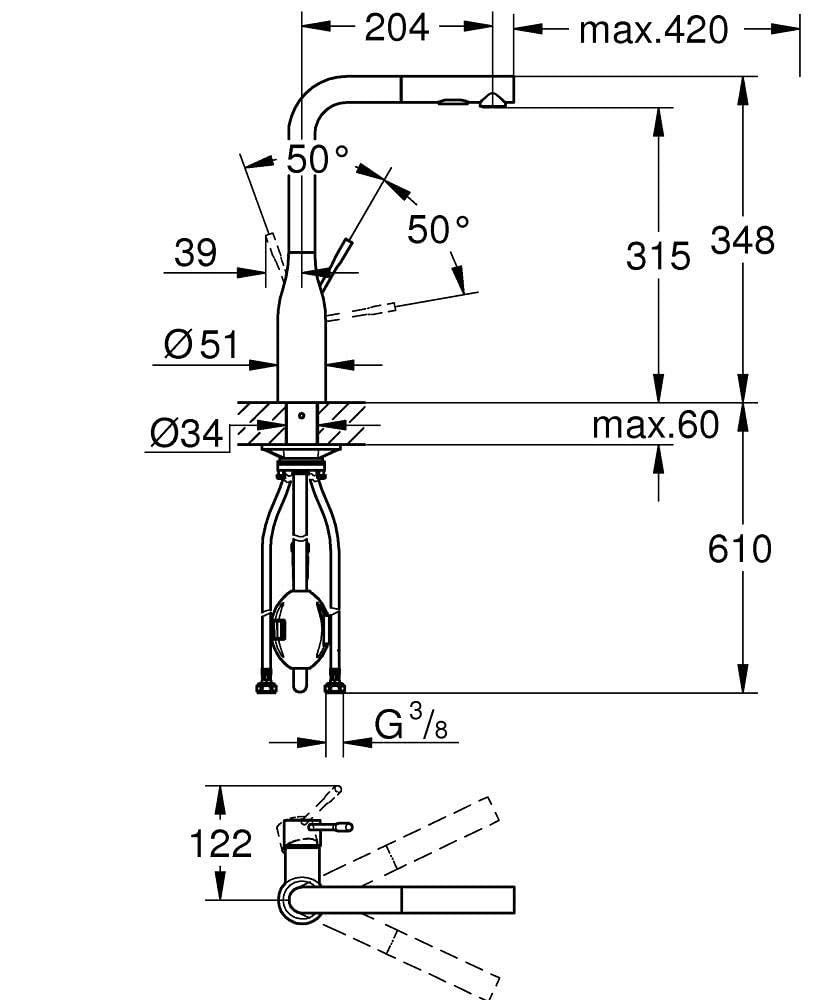 GROHE Essence Mitigeur Robinet pour Evier de Cuisine (Bec Haut, Zone de rotation 360°, Mousseur Extractible), Chrome, 30270000