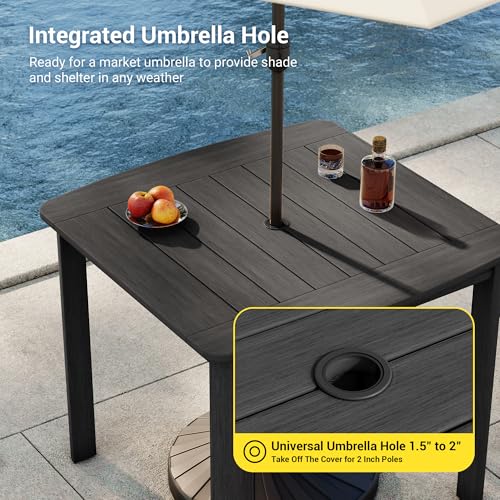 Image of 5-Piece Outdoor Dining Set for 4, HDPE Patio Dining Table and Stackable Chairs Set, Weather Resistant Square Table with Umbrella Hole for Garden, Backyard, Lawn and Poolside, Black