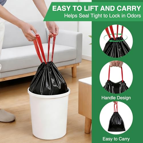 Image of 200 Counts 1.2 Gallon Trash Bag Drawstring Small Trash Bags, Thick Pre-separated Garbage Bags, Trash Bin Liners, Suitable for bathroom, kitchen, bedroom, office (Black)