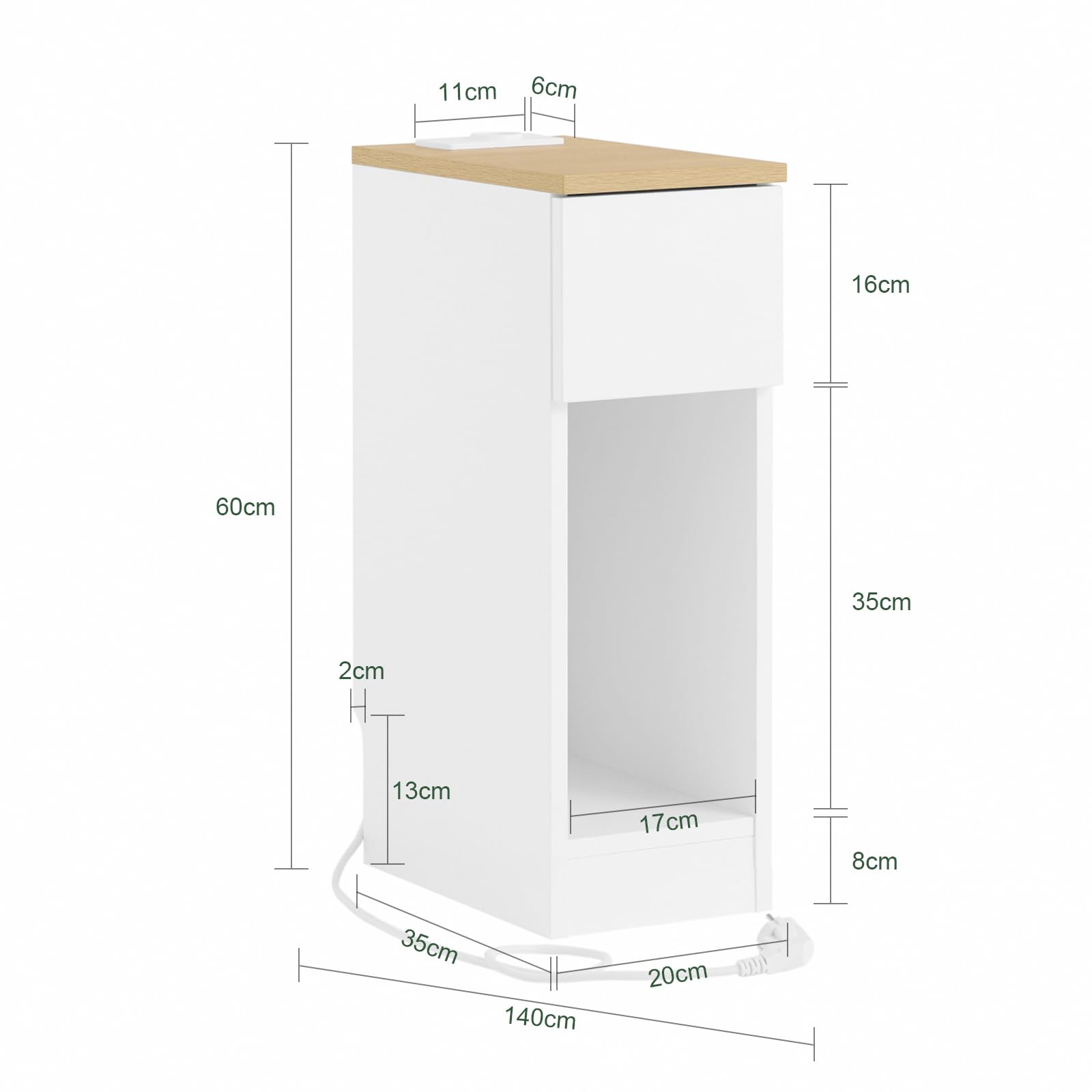 SoBuy Slim Stolik Nocny z Stacją Ładowania, Wąska Szafka Nocna z Gniazdem, Portem USB i Portem Type-C do Sypialni i Salonu, B20 x G35 x W60 cm, Biały, FBT111-E-WN | Stolik nocny Wąski stolik boczny, oszczędność miejsca do sypialni, salonu, małych przestrz