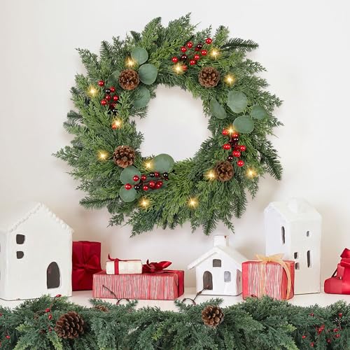 Christmas Wreath with Lights 24 Inch Real Touch Pine Wreath with Red Berries/Pine Cone Prelit Christmas Wreaths for Front Door Outdoor Christmas Decorations Winter Wreath for Windows Indoor Holiday - image 6