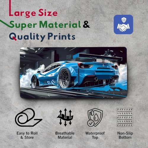 Image of Moto Edition Desk Mat 23x11 Inch - Racing-Themed Keyboard & Mouse Pad for Office, Home & Gaming | Non-Slip Rubber Base, Waterproof Surface, Supercar & Bike Inspired Table Mat (Blue Drift)