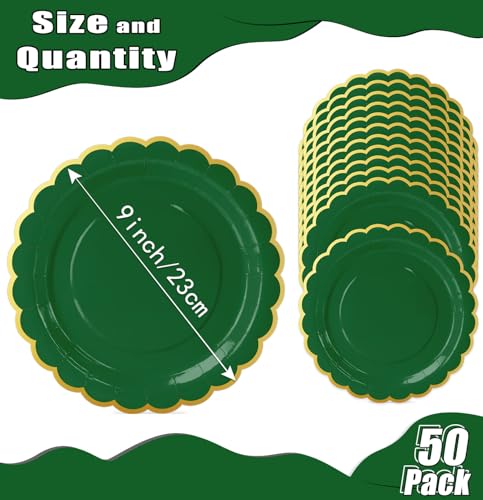 Image of HEIPINIUYE 50 Pieces Green Paper Plates with Gold Foil 9 Inch Disposable Green Scalloped Dinner Plates for Wedding Baby Shower Birthday Christmas Party Dessert Plate