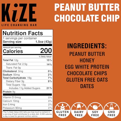 KiZE Energy Bar, Peanut Butter Chocolate Chip, 6