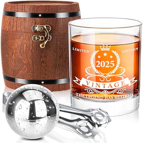 LIGHTEN LIFE Retirement Gifts for Men 2025,The Legend Has Retired 2025 Whiskey Glass Set in Barrel Box,Funny Retirement Whiskey Glass Gifts,Happy Retired Gifts for Men Cover
