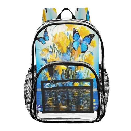 Blue Beautiful Butterflies Clear Backpack - Stadium Approved Large 15.7-inch Waterproof Transparent Bag for Sports, Concerts, Work, Travel#133