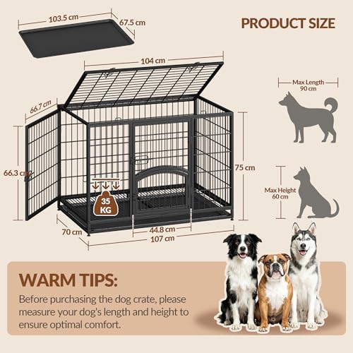 Fobyfurny Hundekäfig Hochbelastbar, XL Gitterbox für Zuhause, 4-Türiger Hundebox Metall mit Seitentür und Herausnehmbares Bodenschale, Leicht zu Reinigen, Haustierkäfig, Schwarz, 107 x 70 x 75 cm