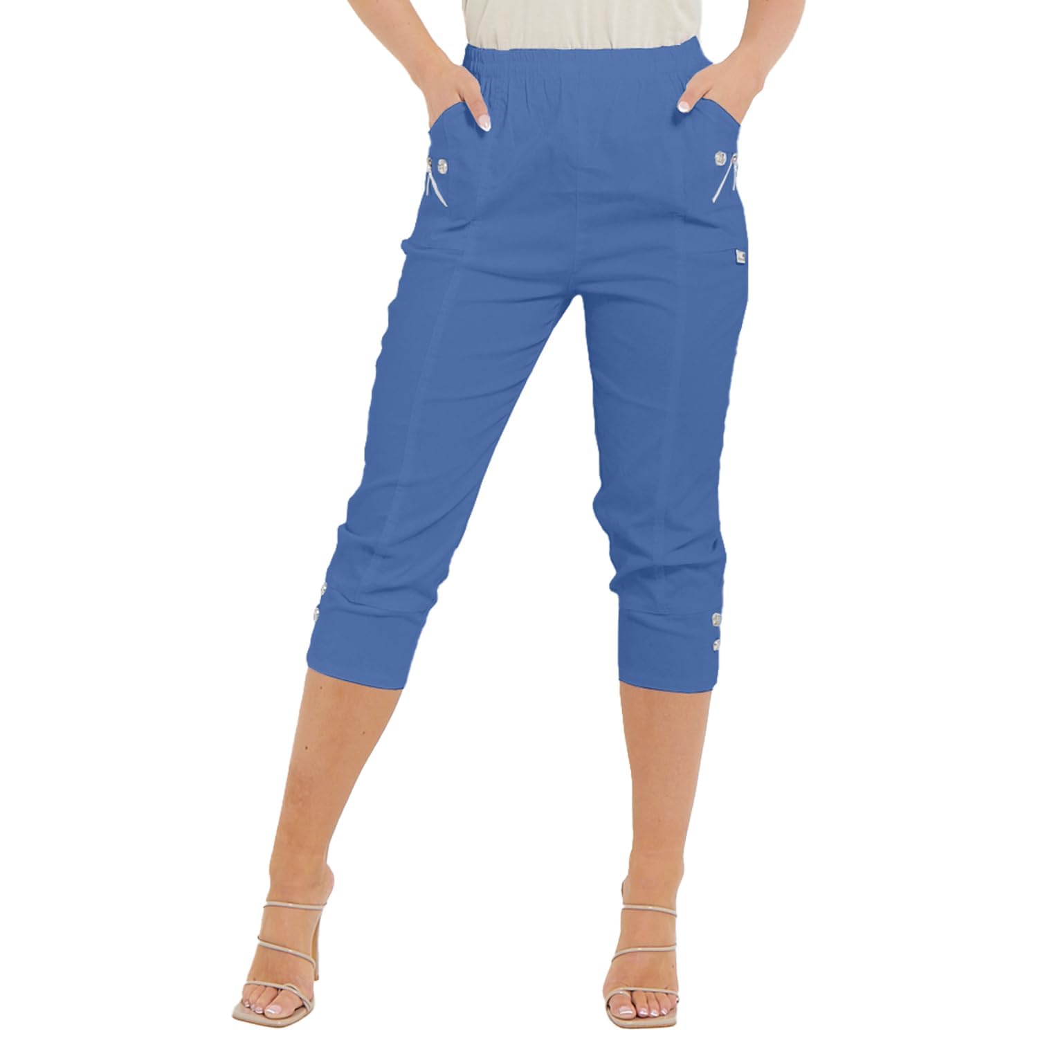Pure Fashion UK Cropped Trousers Women New Cherry Berry Soft Cotton Stretch Capri Cropped 3/4s Elasticated Cropped Trousers Women Pants Size 8-26 UK (as8，Numeric，Numeric_12，Regular，Regular，Denim)