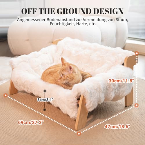 CheerPals Erhöhtes Katzenbett aus Buchenholz, 70x47cm Großes Katzensofa, Katzenstuhl mit Abnehmbarem Waschbar Plüschdecke (Baumwoll-Füllung), Belastbar mit 15 kg, zum Schlafen für Alle Katze