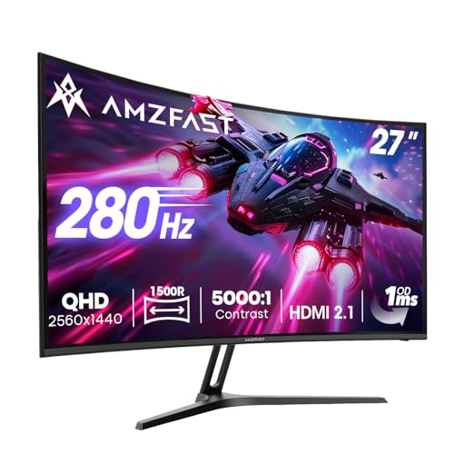 Amzfast Curved Gaming Monitor 27 Zoll - 280Hz, QHD 2560x1440, 1ms MPRT, Adaptive Sync, 1500R, HDR400, 96% DCI-P3, HDMI 2.1x2, DP 1.4x1, VESA 100x100, Blaulichtfilter, AMZG27C1Q Pro
