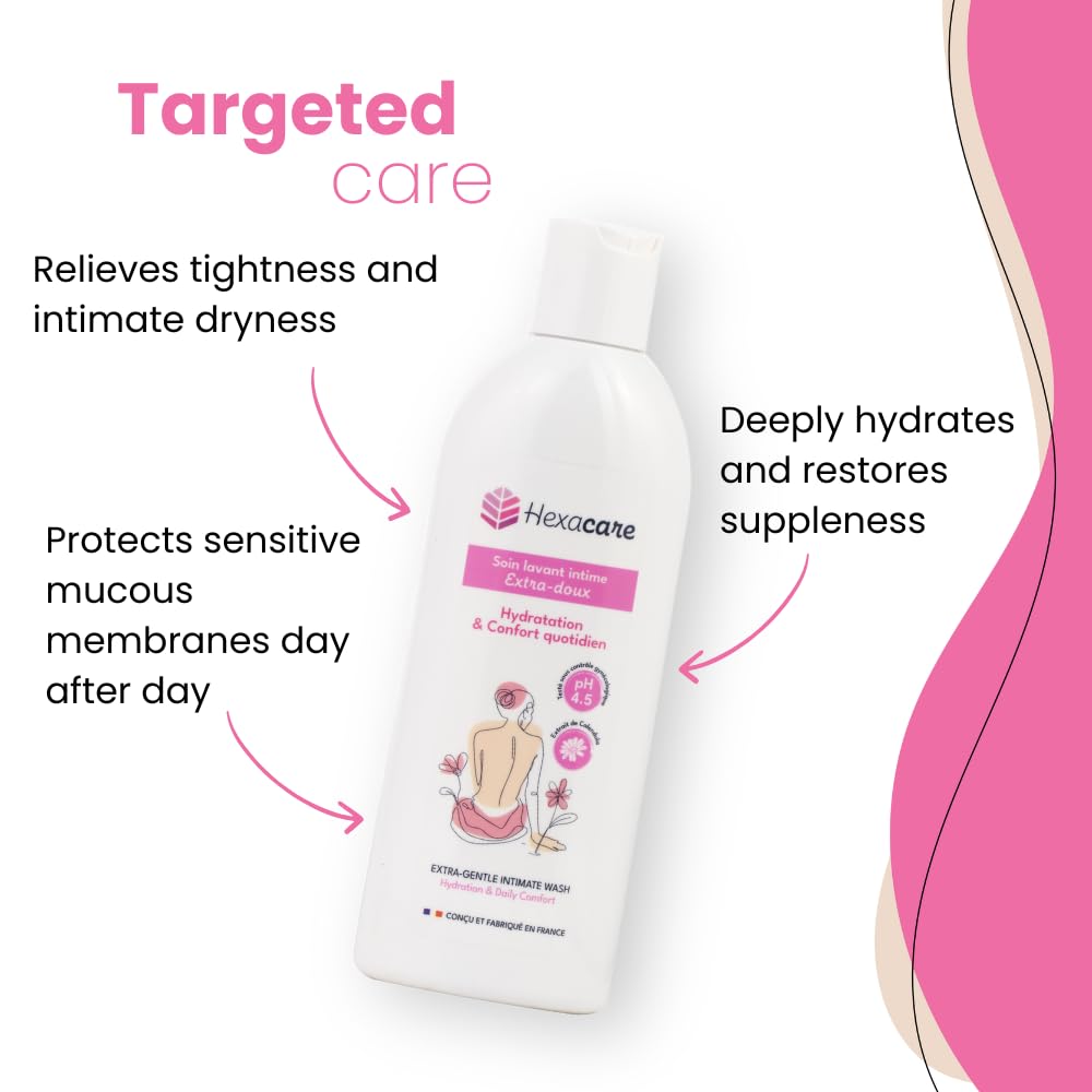 Hexacare Extra Gentle Feminine Wash – pH Balanced Intimate Cleanser for Sensitive Skin, Hydrating & Soothing, Helps with Dryness & Odor, Soap-Free, Made in France, 6.7 Fl Oz