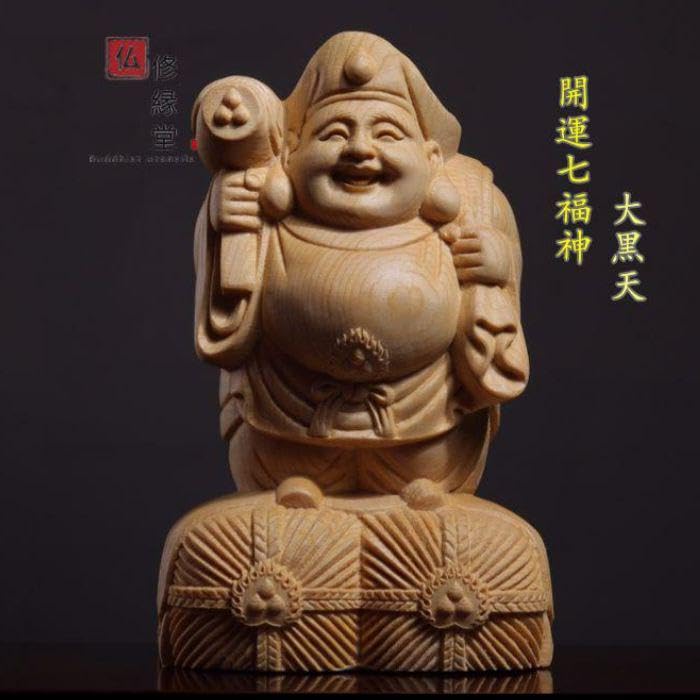 R606 木彫り 仏像 七福神 大黒天 立像 財神 彫刻 一刀彫 天然木檜材 2