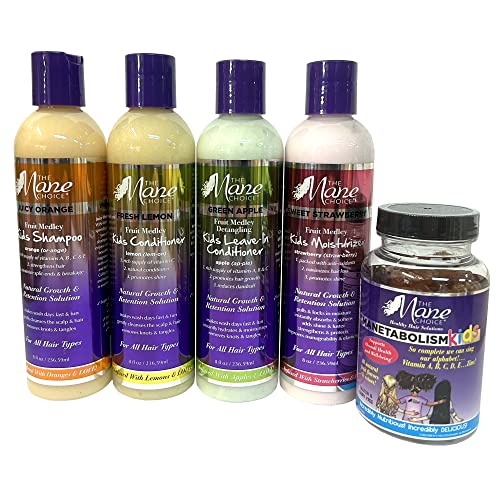 The Mane Choice Kids - Fruit Medley â€“ Natural Growth & Retention Solution - Kids Orange Shampoo, Kids Lemon Conditioner, Kids Apple Leave-In Conditioner, Kids Strawberry Moisturizer, Mentabolism Kids Gluten & Dairy Free Vitamin Supplement Gummy Bea