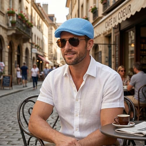 Image of meioro Men's Mesh Flat Cap Summer Breathable Newsboy Hats Beret Ivy Cap Gatsby Irish Cabbie Driving Hat Full Head Wrap