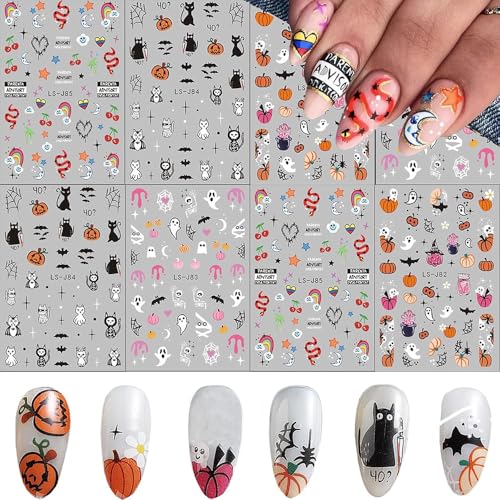 8 قطع من ملصقات تزيين الاظافر اللطيفة ذاتية اللصق للهالوين، ملصقات اظافر مخيفة ثلاثية الابعاد للهالوين، لوازم اظافر الهالوين التي تصنعها بنفسك، لطيفة مخيفة، ساحرة، نسيج العنكبوت، الخفافيش، أنماط