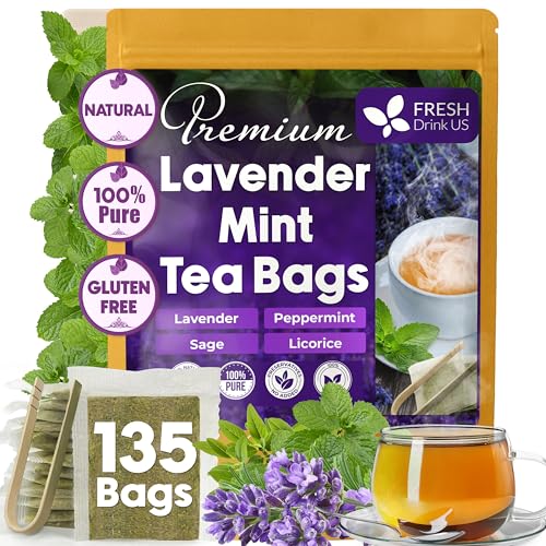 Image of FreshDrinkUS, Premium 135 Tea Bags Lavender Mint Tea, 100% Natural, Blend of Lavender, Peppermint, Sage and Licorice. Made with Natural Material Tea Bags. No Sugar, No Caffeine, Vegan.