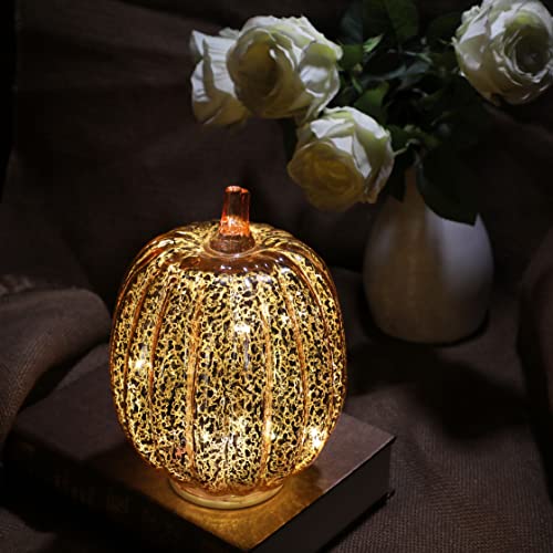 Image of Romingo Mercury Glass Pumpkin Light with Timer for Halloween Pumpkin Decorations Fall and Thanksgiving Decor, Rose Gold, 7.5 inches